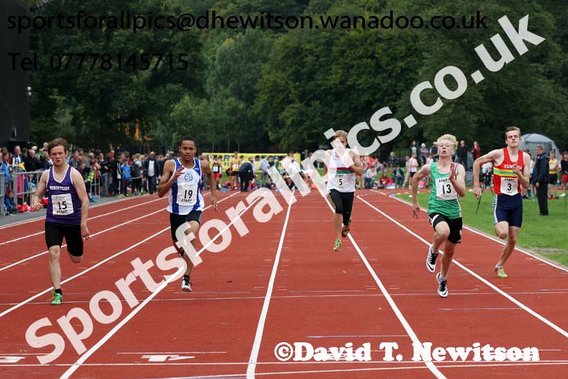 Mens and Boys 100 metres at the Northern Inter-Counties under-17s and 15s at Witton Park, Blackburn. Photo: David T. Hewitson/Sports for All Pics